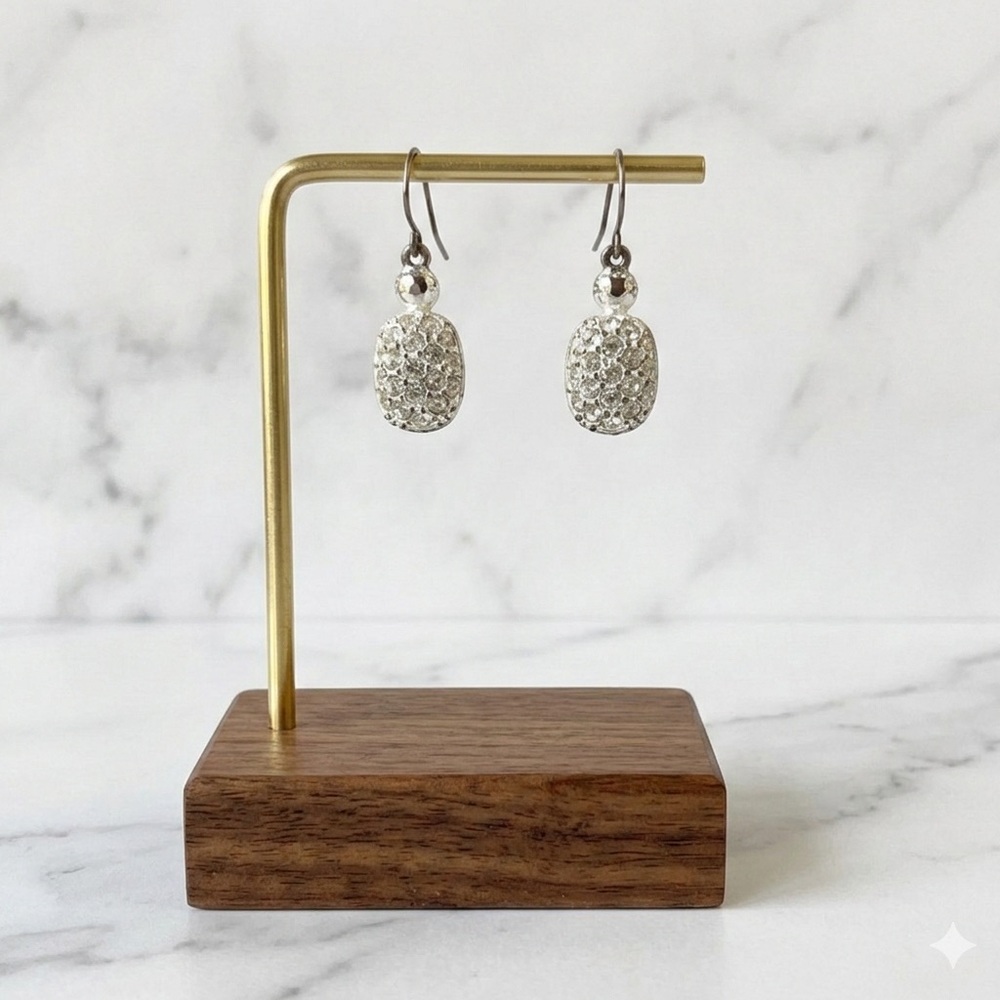 Silver Tone Rhinestone Drop Earrings Sparkly Crystal Oval Dangle Earrings